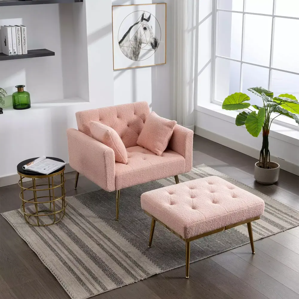 36.61 Wide Modern Accent Chair with 3 Position Adjustable Backrest Tufted Chaise Lounge with Ottoman and Gold Legs Pink