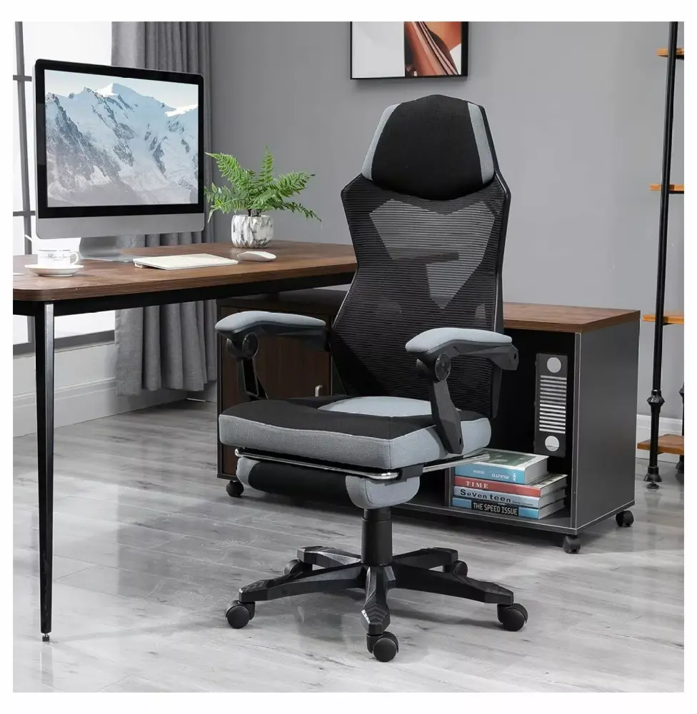 Deng rui Ergonomic Home Office Chair High Back Armchair Computer Desk Recliner with Footrest Mesh Back Grey