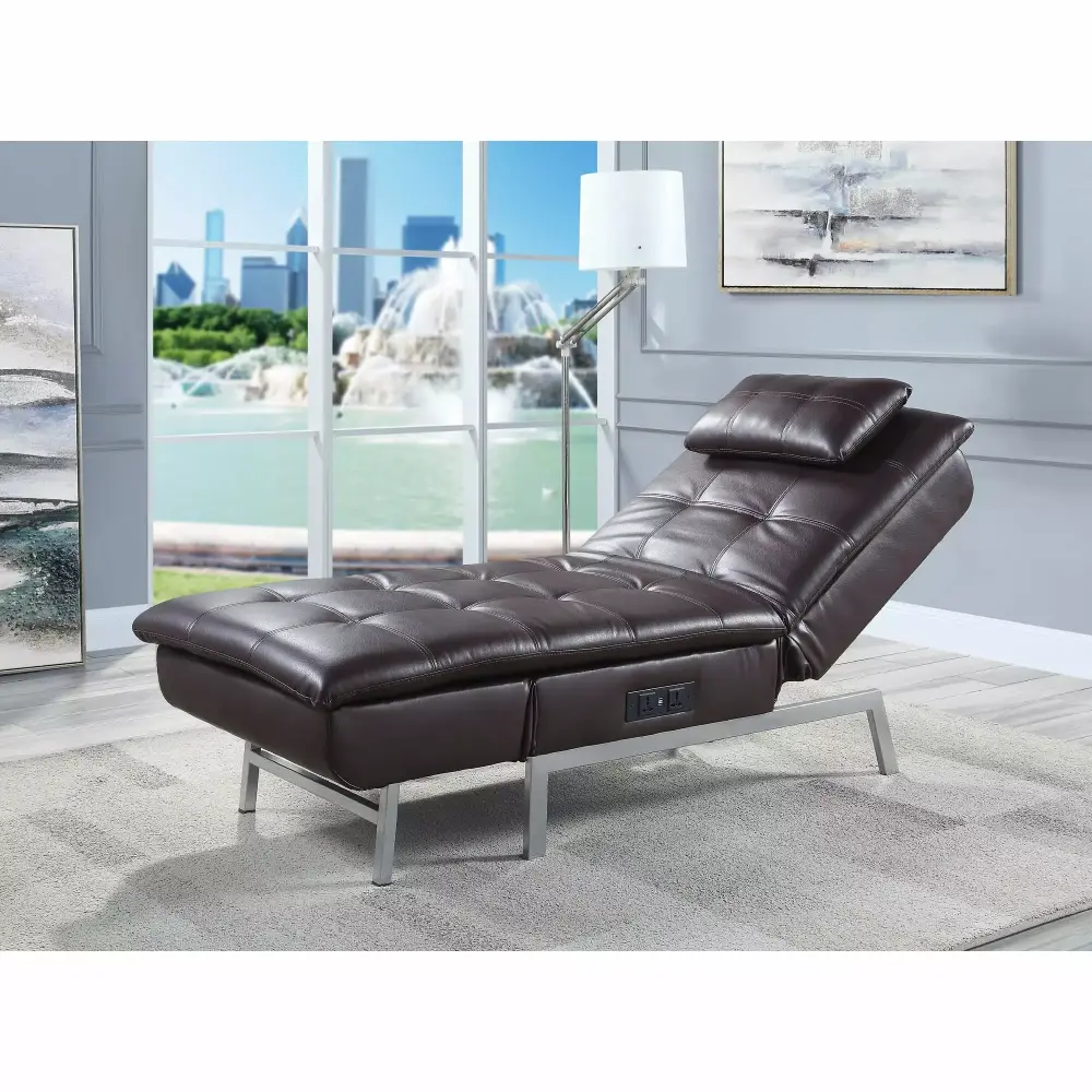 Miekor Furniture Padilla Chaise Lounge with Pillow and USB Port in Brown Fabric