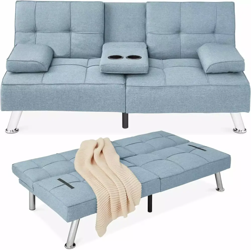 Linen Modern Folding Futon Reclining Sofa Bed for Apartment Dorm with Removable Armrests 2 Cupholders Light Blue