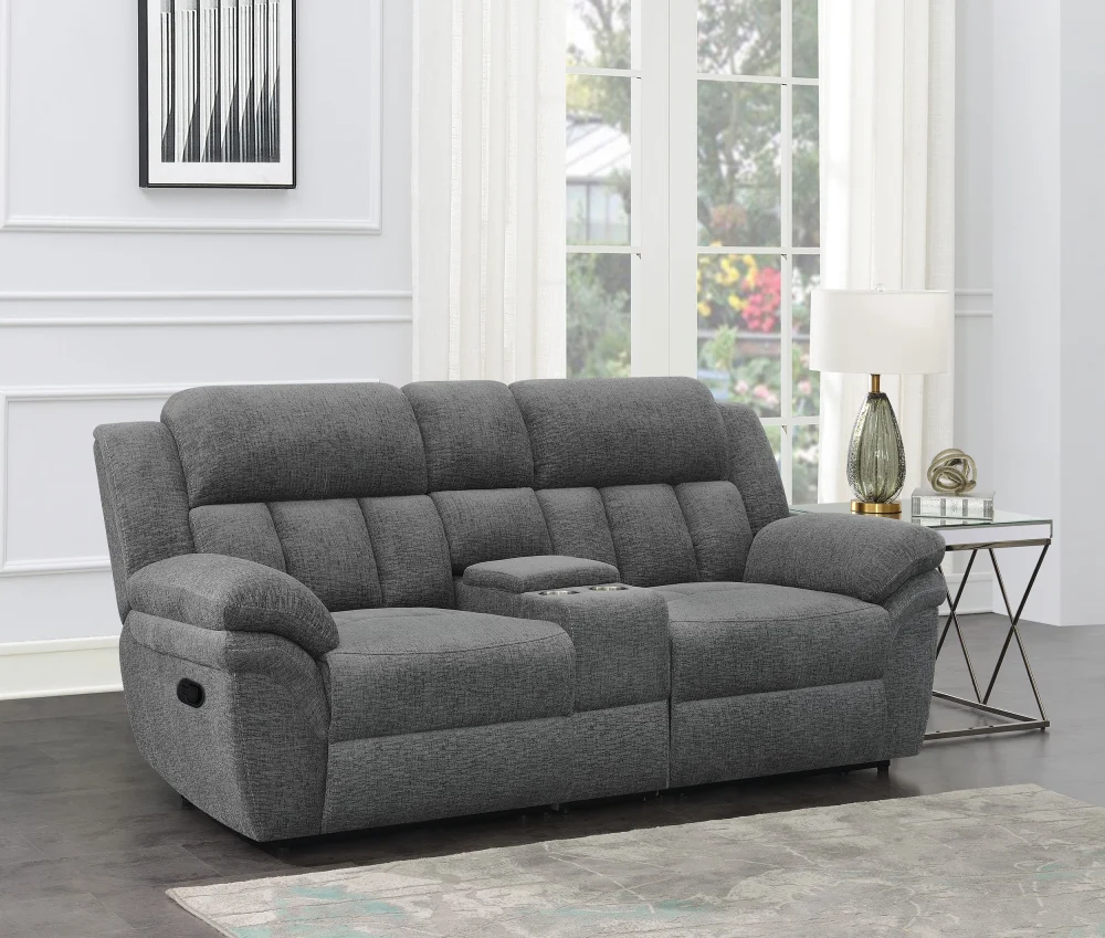 Bahrain Upholstered Motion Loveseat with Console Charcoal - Reclining Sofa with Cup Holders