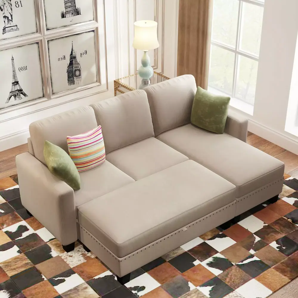 Dcenta 81 Nailheaded Textured Fabric 3 pieces Sofa Ottoman Rectangle Storage Ottoman Warm Grey