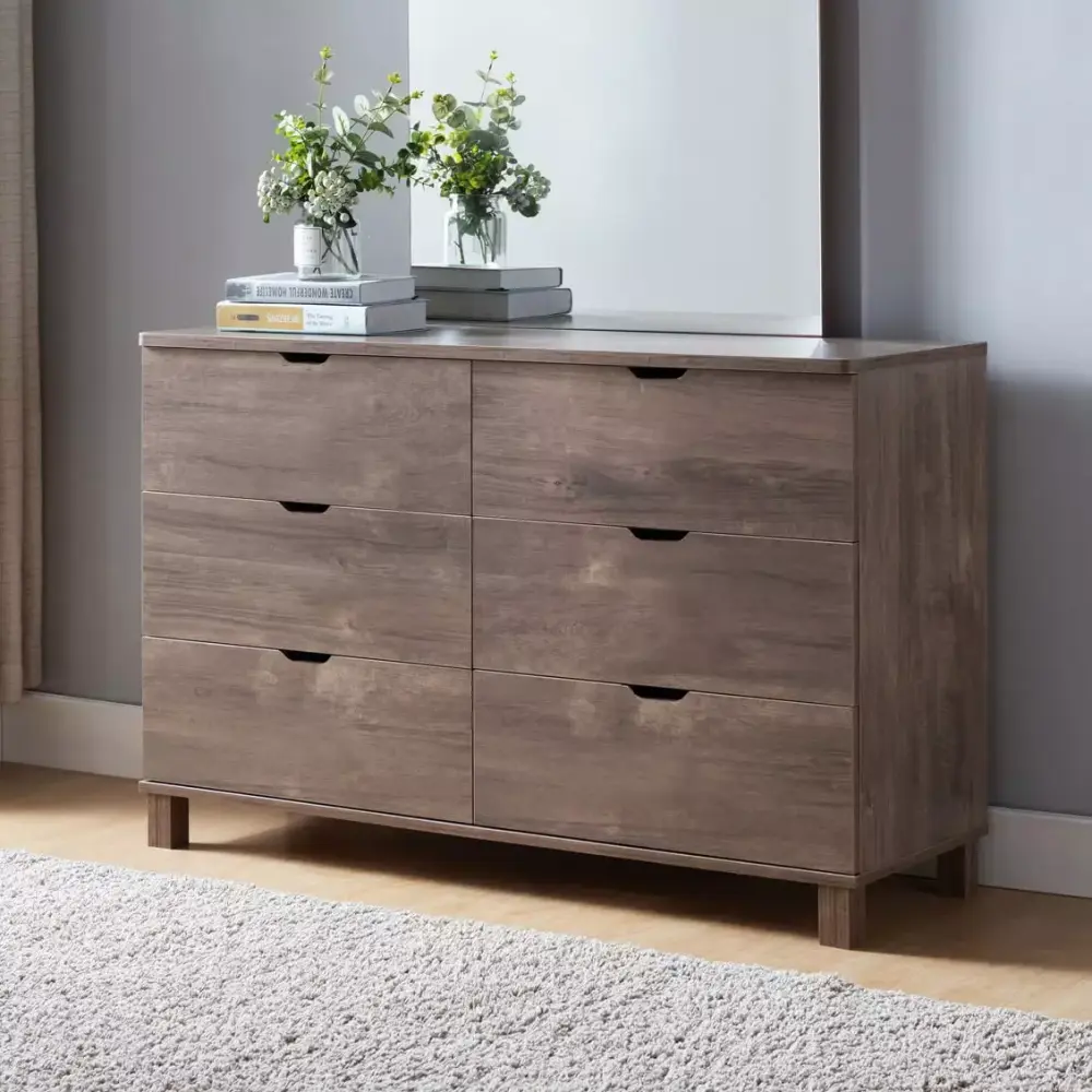 Aesthetic 6 Drawer Rectangular Dresser for Bedroom in Hazelnut Finish