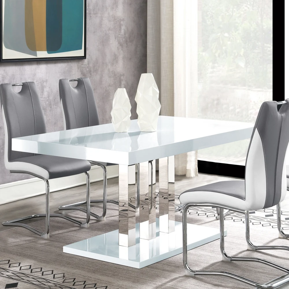 Brooklyn Rectangular Dining Table White High Gloss and Chrome - Contemporary Kitchen Table