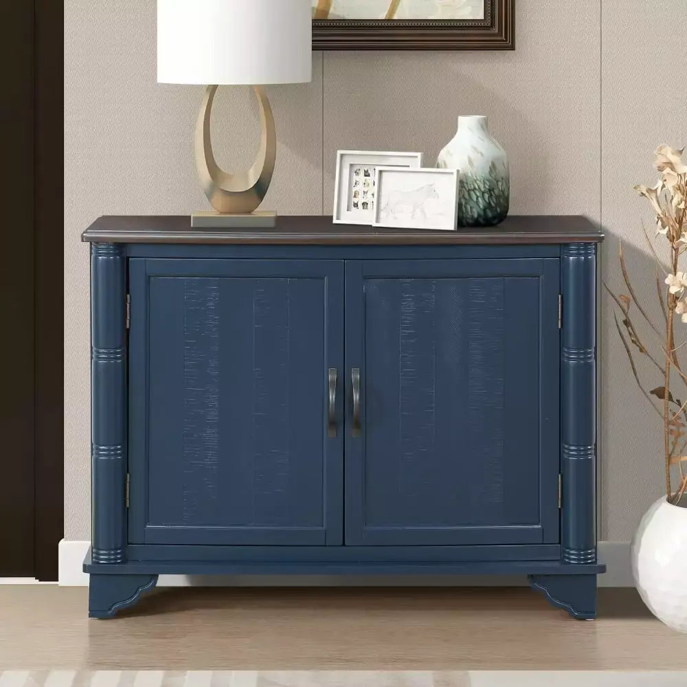 40 Inch Retro Navy Blue and Brown Top Console Table with Adjustable Storage Shelf for Entryway Living Room