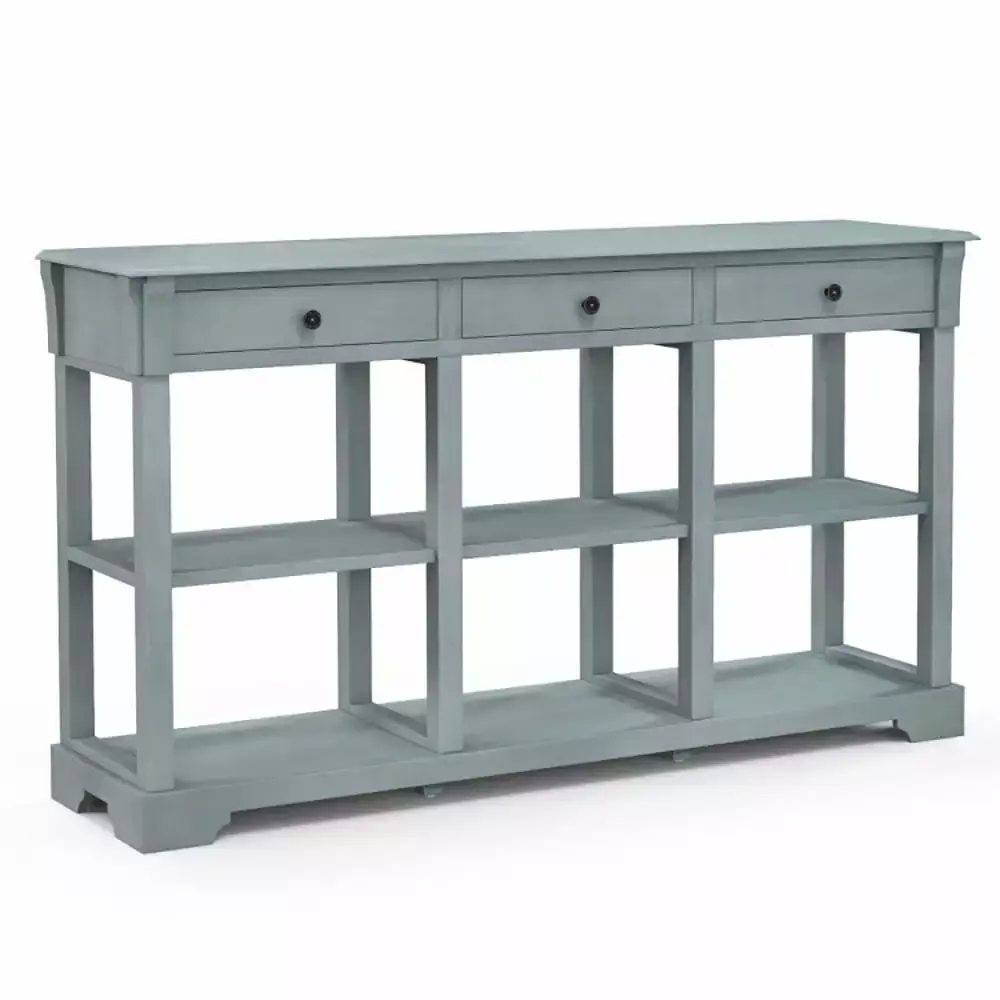 Kadyn 58 Inch Retro Blue Console Table with 3 Drawers and Open Shelves for Entryway or Display
