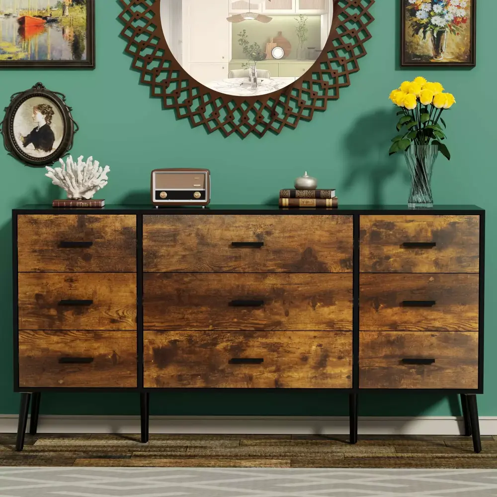 9 Drawers Chest of Dresser Storage Tower Cabinet - Bedroom Arranger Retro Style