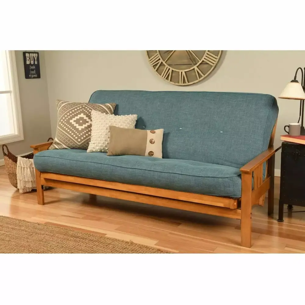 Homestock Retro Renaissance Futon Frame Butternut Finish with Linen Aqua Mattress