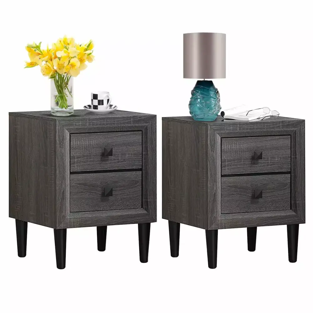 Costway 2PCS Nightstand with 2 Drawers - Retro Grey Bedside Table Fully Assembled