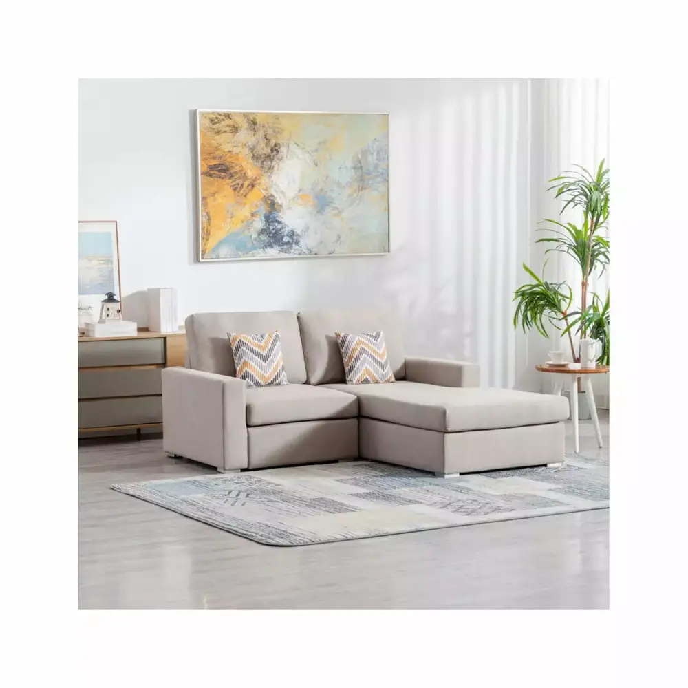 Maykoosh Mediterranean Mingle Beige Linen Fabric 2-Seater Reversible Sofa Chaise with Pillows
