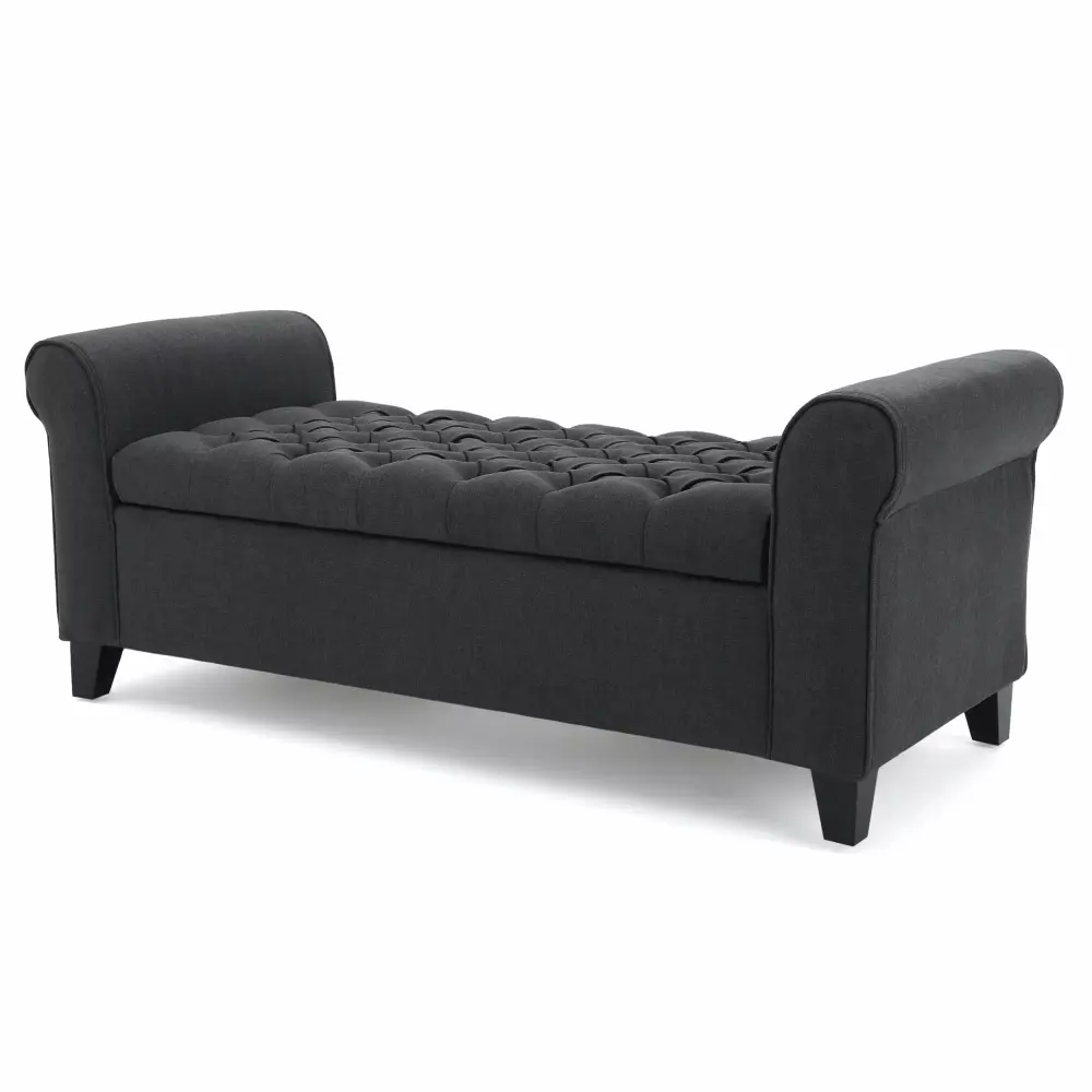 Charlemagne Contemporary Rolled Arm Fabric Storage Ottoman Bench in Dark Gray and Dark Brown