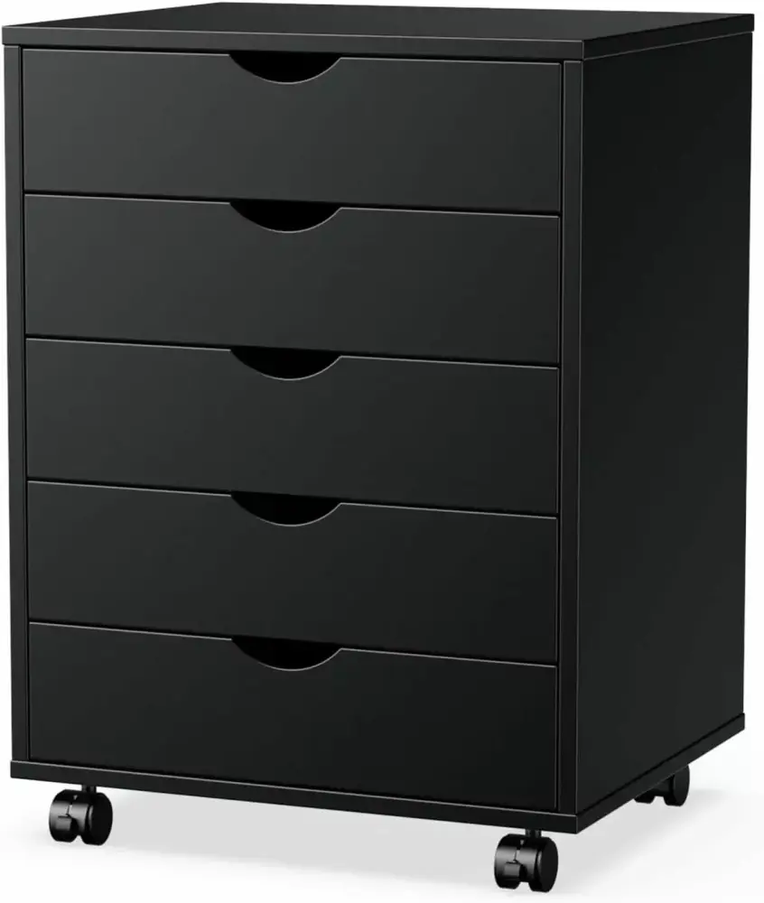 Black 5-Drawer Wood File Cabinet Rolling Storage Dresser with Wheels for Home Office