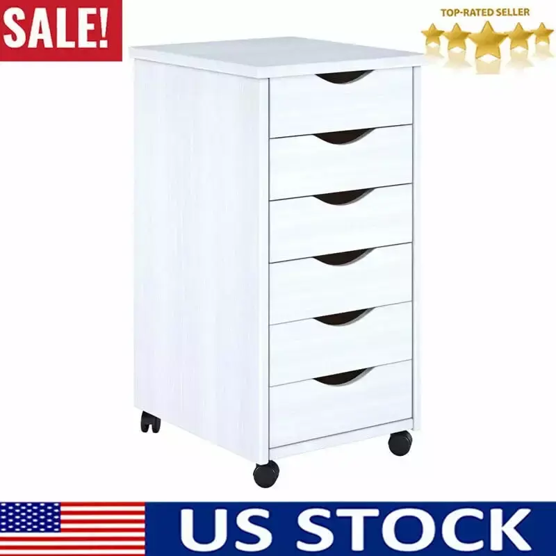 6 Drawer Chest Dresser Roll Cart Cabinet Solid Wood Storage for Bedroom