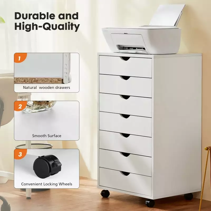 Sweetcrispy 7 Drawer Chest Storage Cabinet with Wheels Mobile Wood Dresser for Office
