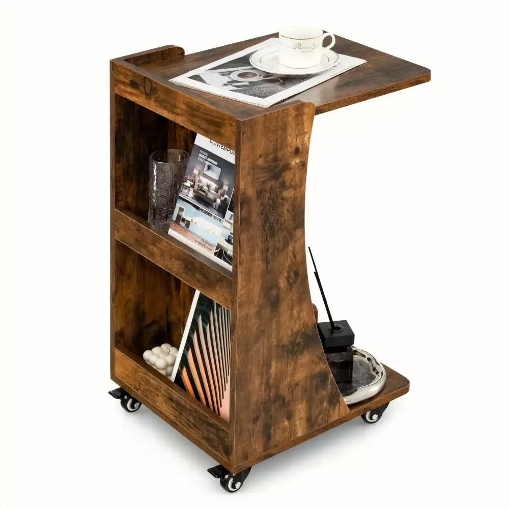 C-Shaped End Table Small Sofa Side Table with 3-Tier Back Compartment Wheels with Brakes Modern Rolling Nightstand in Rustic Brown