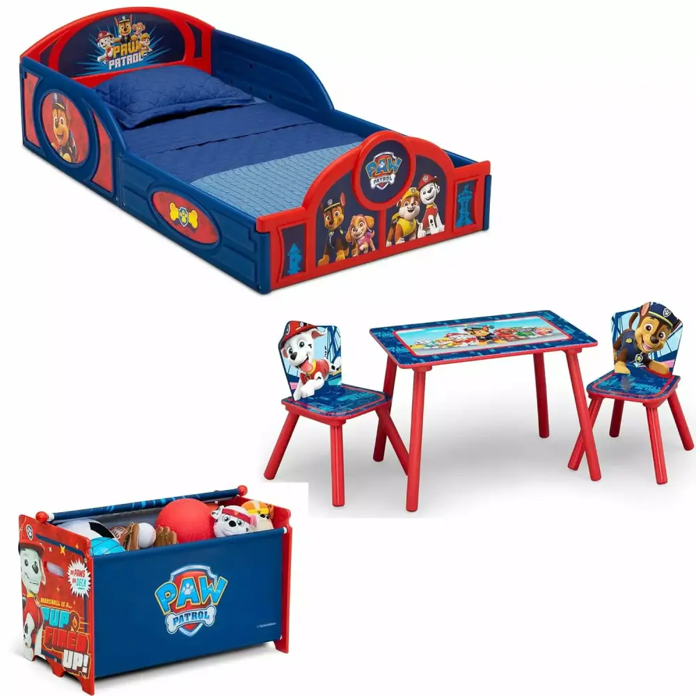 ZHANHAO PAW Patrol 5-Piece Toddler Room-in-a-Box Set Includes Sleep and Play Toddler Bed Table 2 Chairs and Toy Box Blue