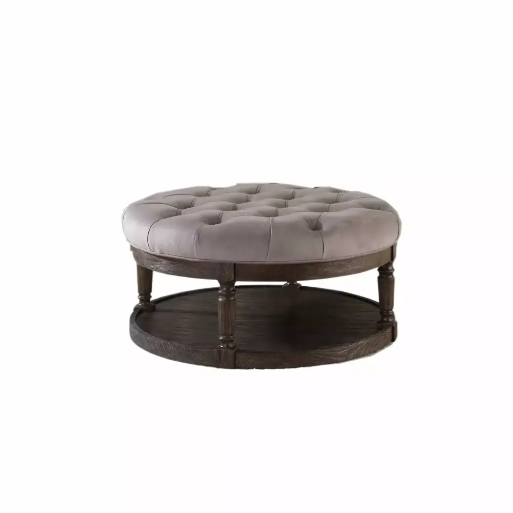 Best Master Linen Fabric Round Ottoman in Otter Smoked Rustic Gray