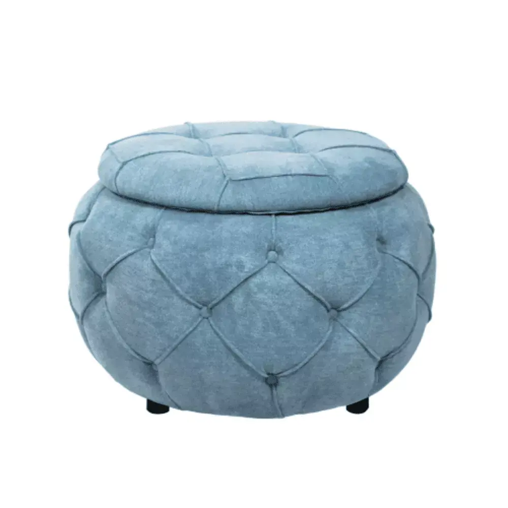 Large Button Tufted Woven Round Storage Ottoman for Living Room & Bedroom 17.7H Burlap Blue