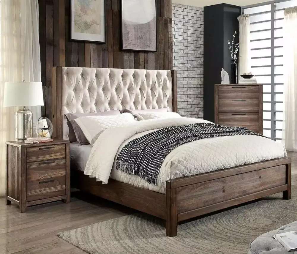 Rustic Natural & Beige Solid Wood King Bedroom Set 3pcs FOA CM7577-EK Hutchinson