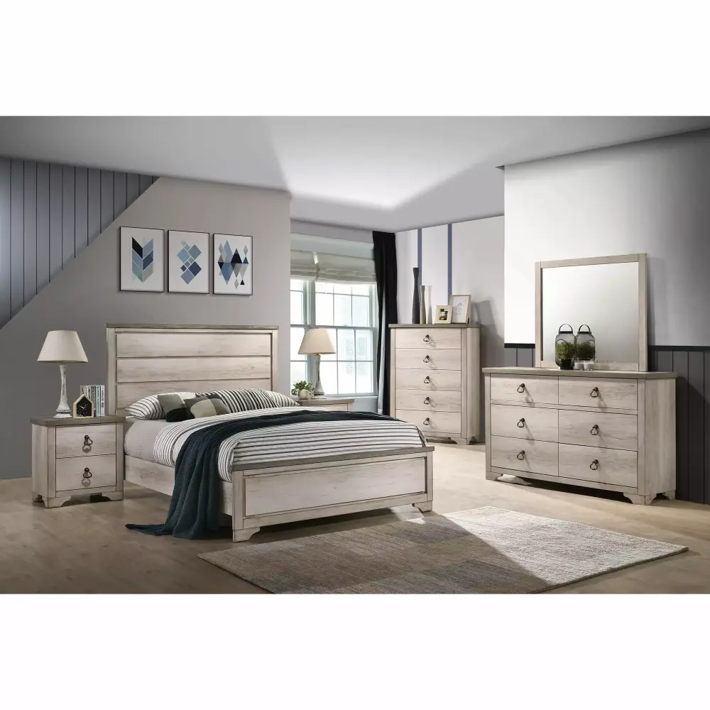 Rustic Style 4pc King Size Bed Dresser Mirror Nightstand Set Beige Finish Wooden Furniture