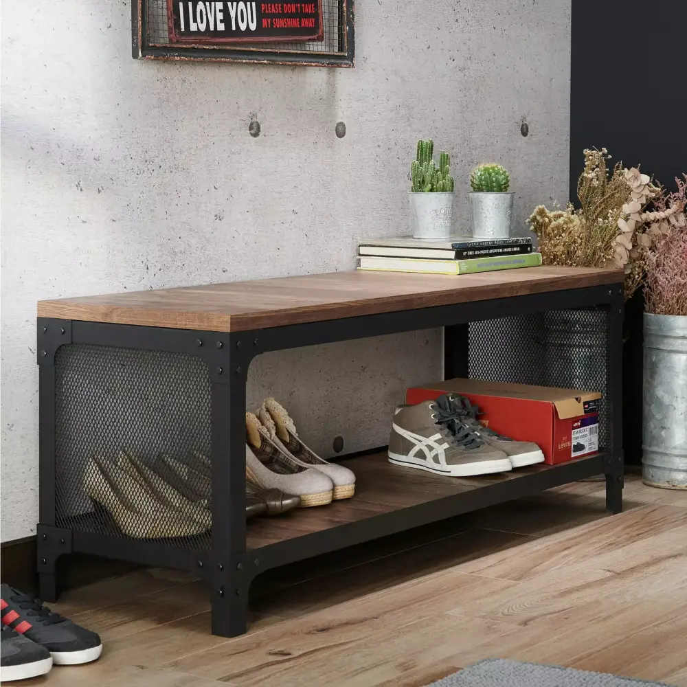 Furniture of America Maua Rustic Reclaimed Oak Metal Storage Entryway Bench