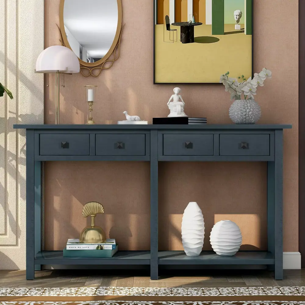 Accent Console Table Rustic Brushed Texture Entryway Table with Storage Drawers Antique Navy