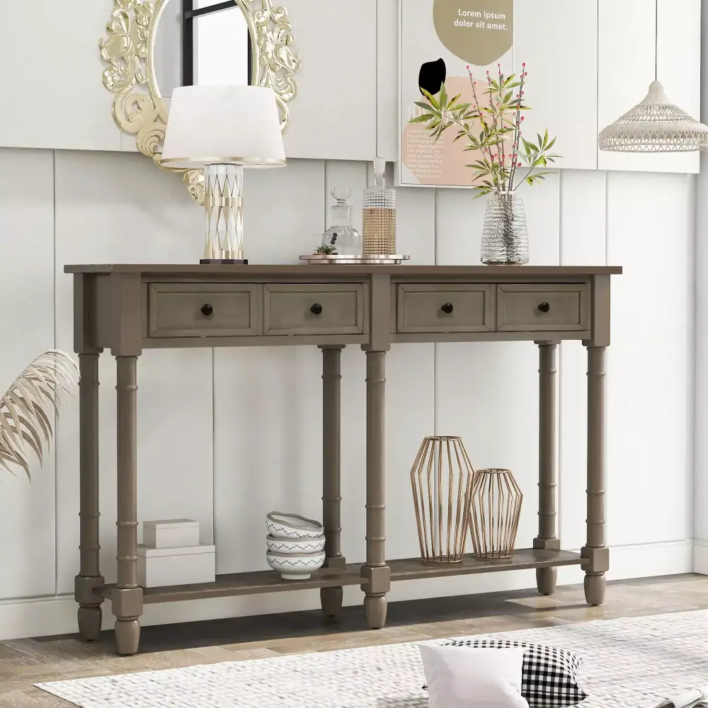 Wood Console Table with 2 Storage Drawers and Open Bottom Shelf - Rustic Narrow Entryway Table in Gray Wash