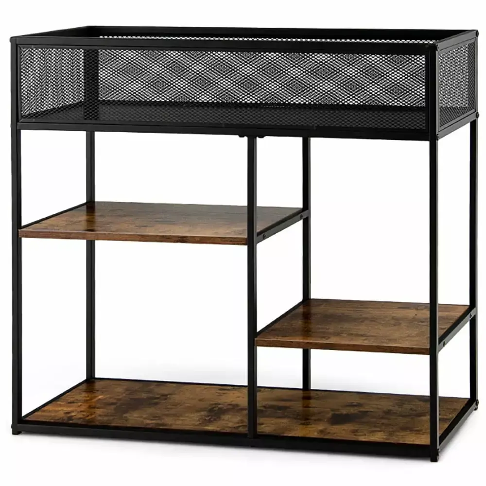 Yardi Yard 4-Tier Industrial Console Table with Wire Basket in Rustic Brown