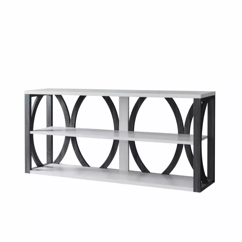 2 Tier White Oak Distressed Gray Console Table with Oval Designs