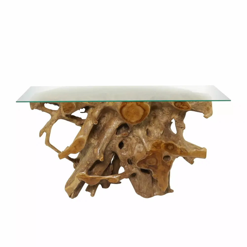 DecMode 54 x 30 Brown Teak Wood Handmade Live Edge Tree Stump Console Table with Clear Glass Top