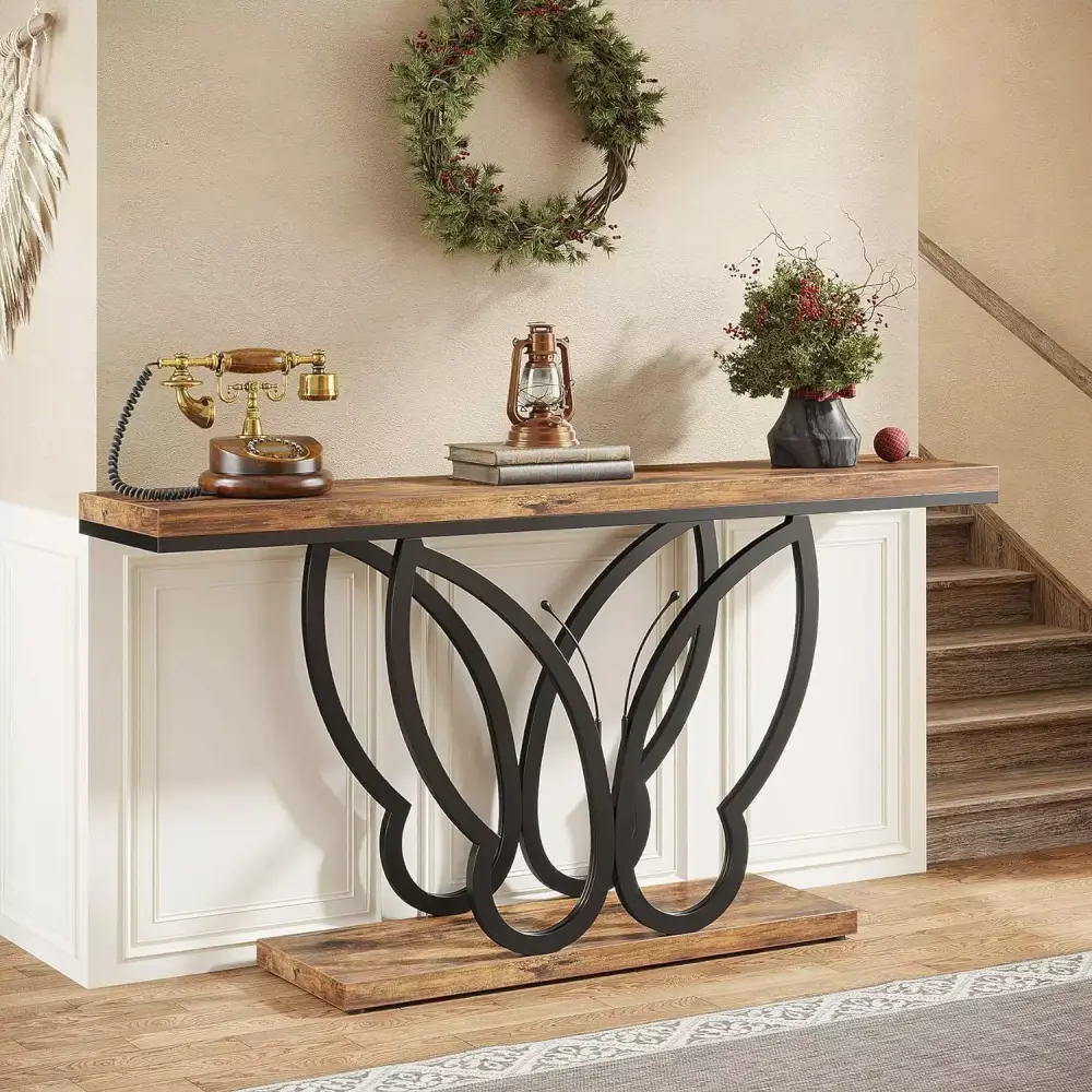 Tribesigns 55-Inch Rustic Console Table with Butterfly Metal Frame in Brown & Black