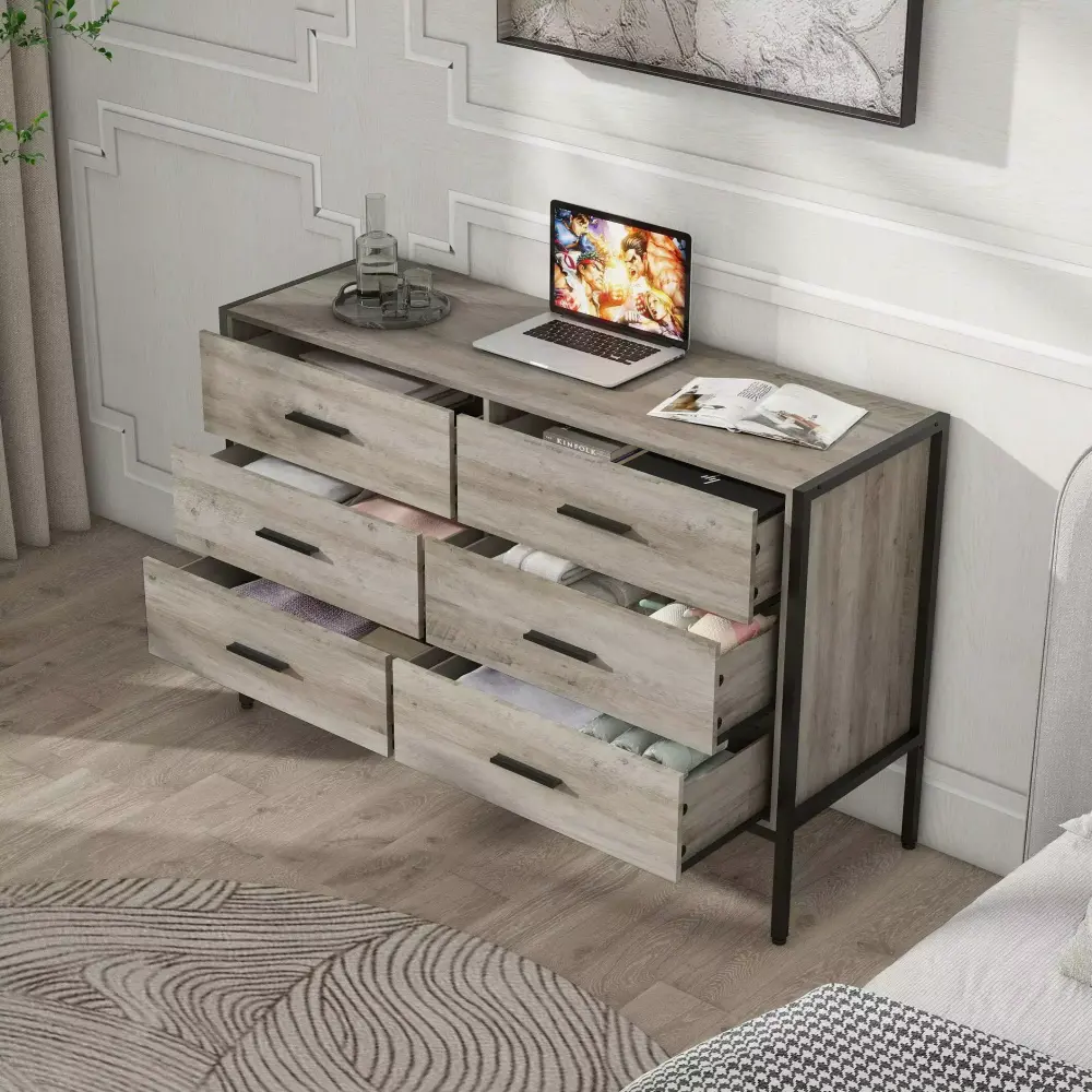 48 Inch Wood Dresser with 6 Drawers - Rustic Grey Solid Wood Storage Closet for Bedroom