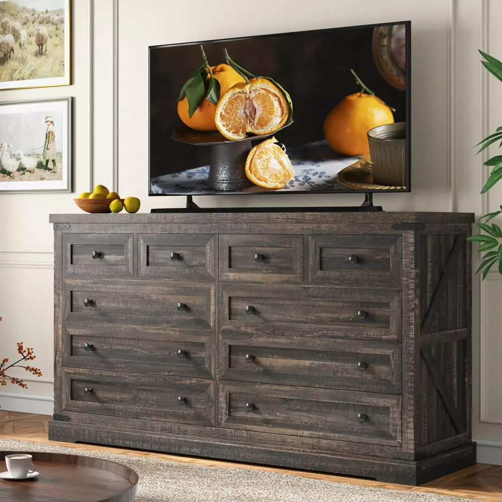 EnHomee Farmhoutilize Wood Dresser 10 Drawer with Metal Handles Wide Dresser Dark Rustic Oak