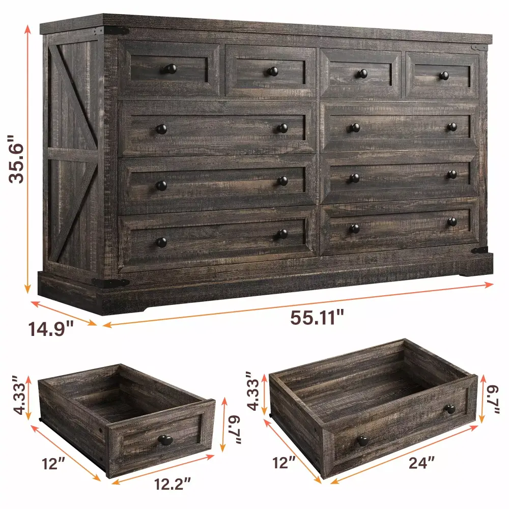 EnHomee Farmhoutilize Wood Dresser 10 Drawer with Metal Handles Wide Dresser Dark Rustic Oak