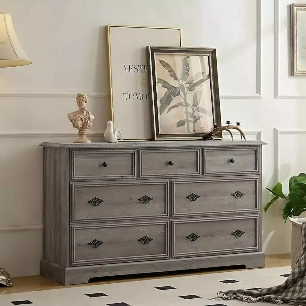 7 Drawer Dresser Storage Arranger Chest for Bedroom Modern Retro Wood Rustic Tall Storage Closet Gray Wash