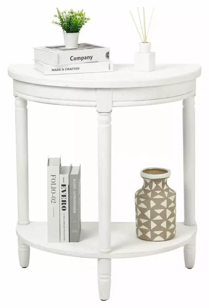 Superwum Rustic White Half Moon Shaped 2-Tier End Table for Sofa