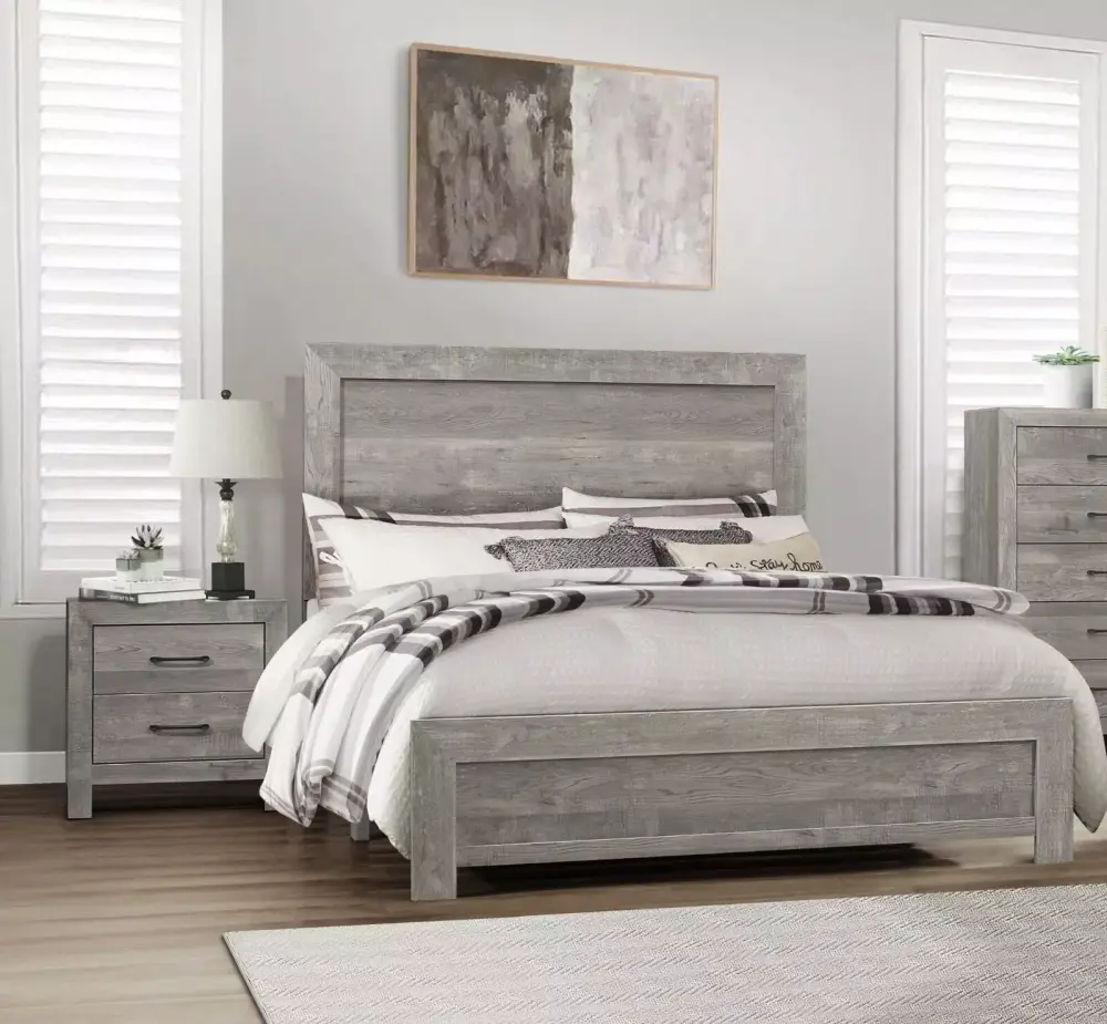 Modern Rustic Style Gray Finish Full Size Bed and 2 Nightstands 3pc Bedroom Set