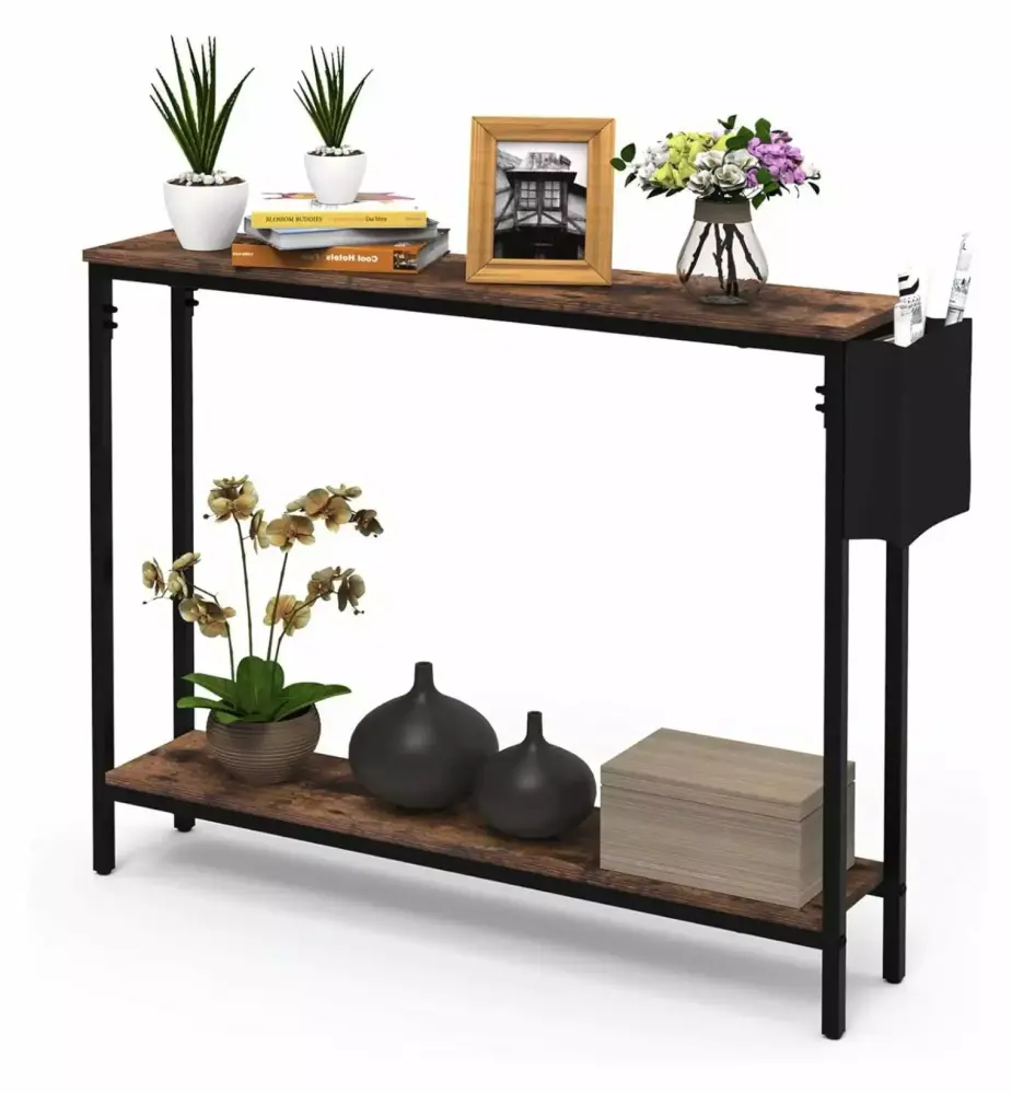 LeCeleBee 39.4 Inch Rustic Brown Black Industrial 2-Tier Narrow Console Table with Shelves