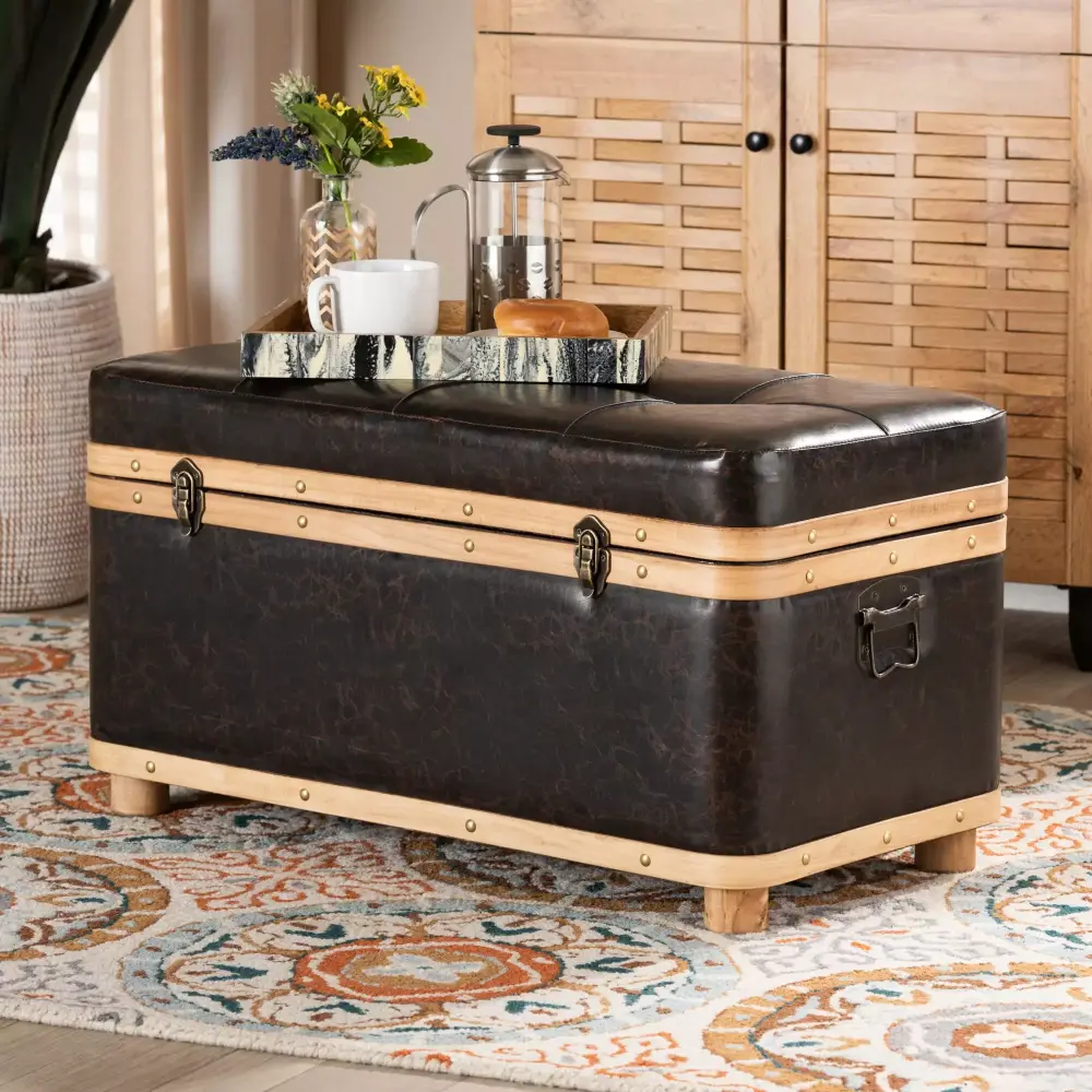 Baxton Studio Gendry Modern Rustic Transitional Dark Brown Faux Leather Upholstered and Oak Brown Finished Wood Large Storage Ottoman