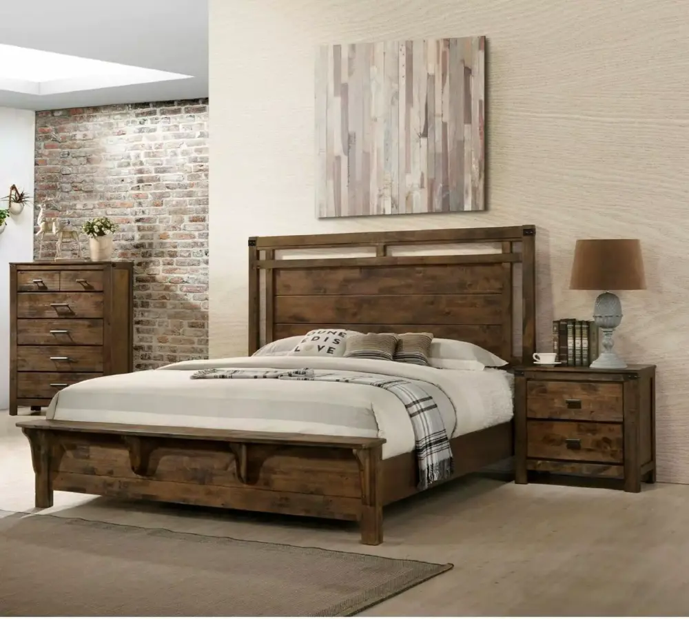 3pc Contemporary Rustic Finish Queen Size Bedroom Set Bed Chest Nightstand Solid Wood Furniture