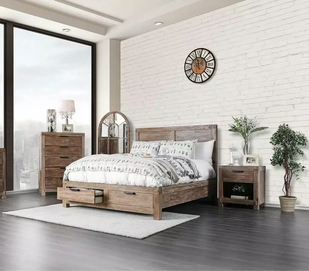 Contemporary Rustic Weathered Oak Finish 3pc Bedroom Set California King Size Bed 2x Nightstands Solid wood Storage Drawers FB