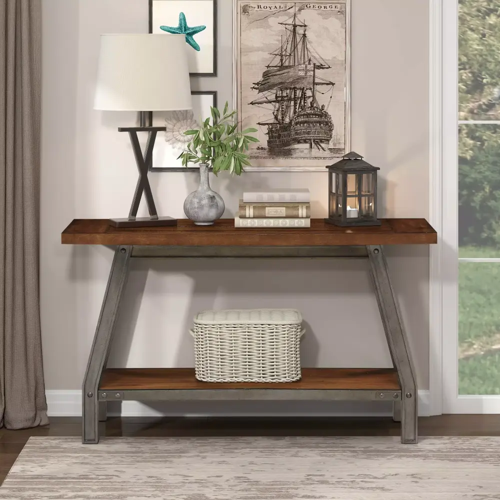 OakvillePark Hoyt Sofa Table Rustic Brown Gunmetal - Narrow Entryway Table