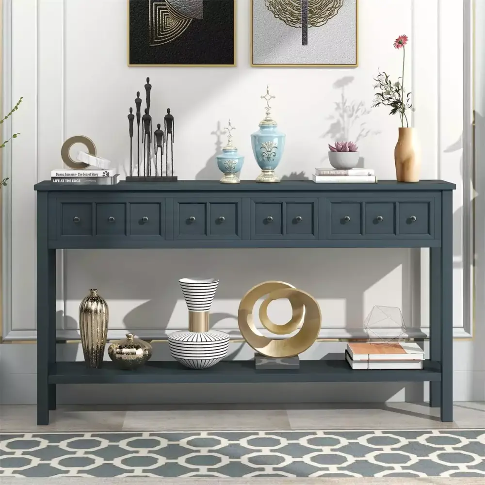 JINS&VICO 60 Inch Rustic Wood Console Table with Two Drawers and Storage Shelf Navy