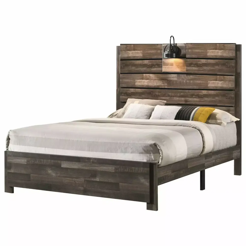 Contemporary Rustic Full Size 3pc Panel Bed Set with Built-in Lighting Headboard and Nightstand