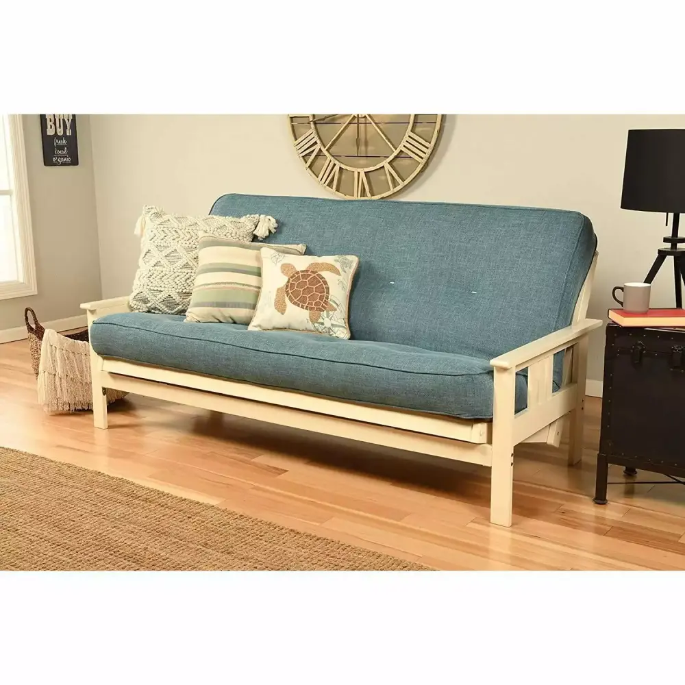 Homestock Rustic Refinement Futon Frame with Barbados Finish and Linen Aqua Mattress