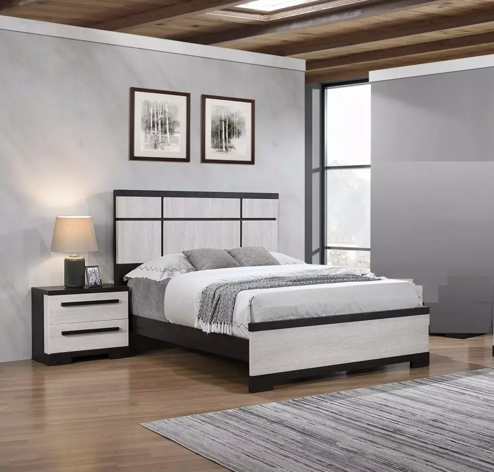 Black and White Rustic Wooden Panel King Size Bed 2x Nightstand 3pc Bedroom Furniture Set