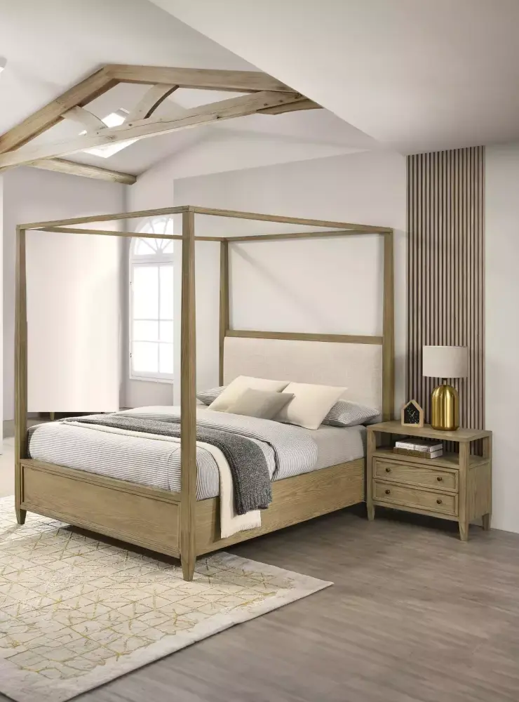 3-Piece Light Brown Queen Canopy Bed Set with Nightstands in Rustic Finish