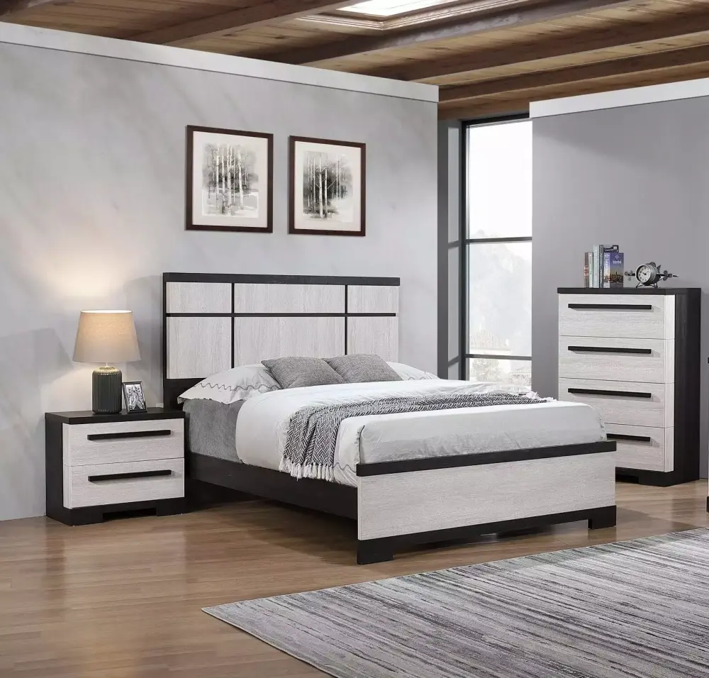 Black and White Rustic Wooden Panel Queen Size Bed Chest Nightstand 3pc Bedroom Furniture Set