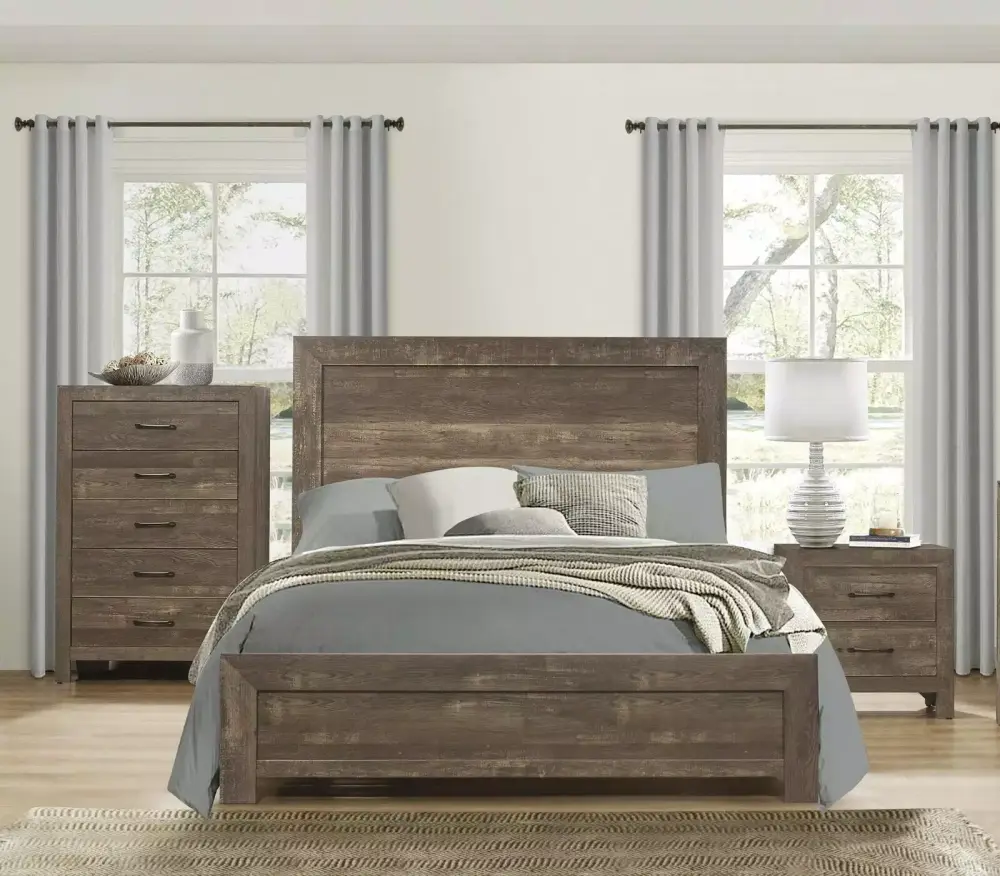 Rustic Brown Finish 3pc Twin Size Bedroom Set with Chest and Nightstand Panel Headboard