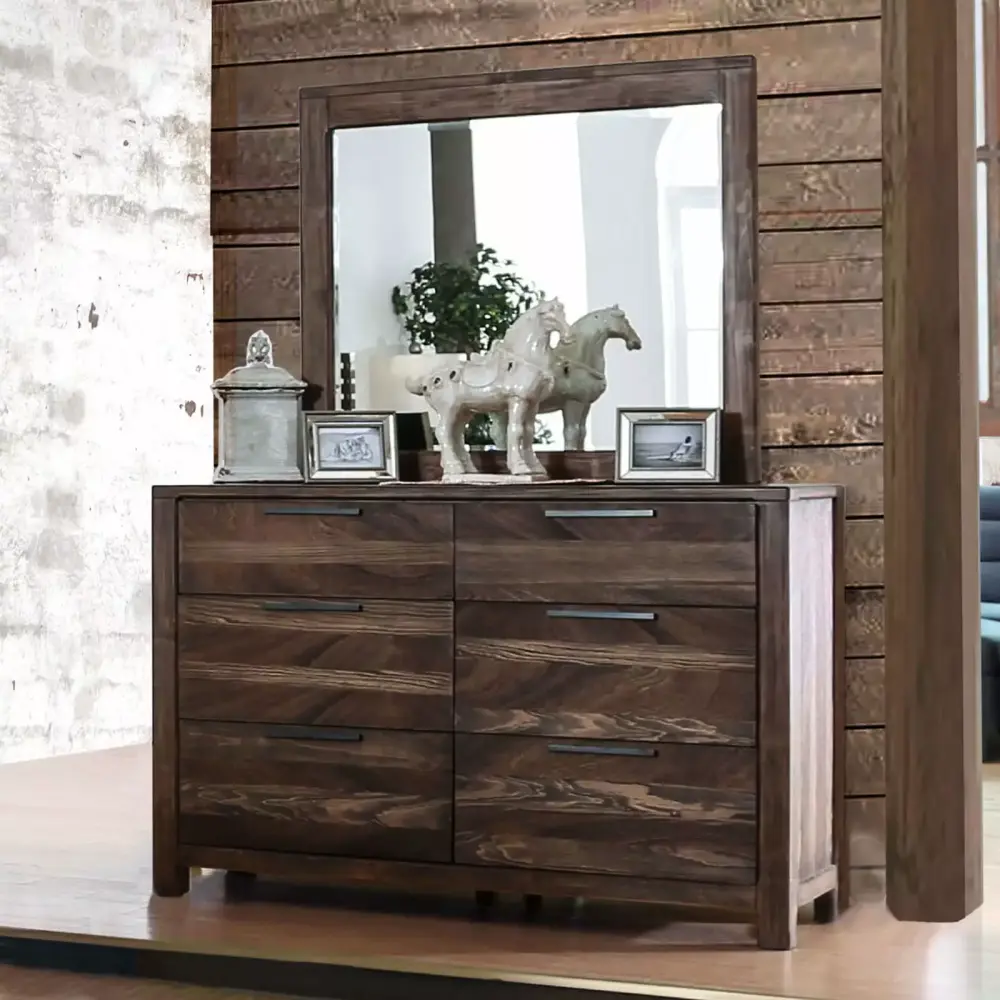 Transitional Rustic Natural Tone 4pc Eastern King Bed Dresser Mirror Nightstand Solid Wood
